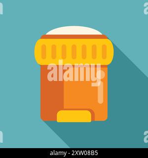 Orange pill bottle with safety cap lying on side, casting long shadow on turquoise background Stock Vector