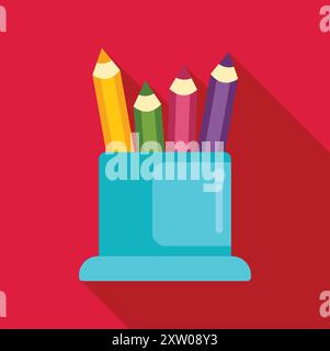 Four colorful pencils are standing in a blue pen holder, ready for an artist to use them Stock Vector