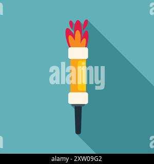 Burning torch with flames providing light in flat design style with long shadow on turquoise background Stock Vector