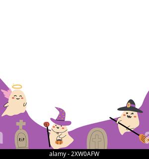 Cute childrens halloween background with funny characters. Pumkins and ghosts, skulls, fall leaves, speech bubbles. Stock Vector