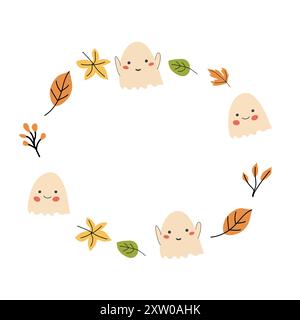 Halloween cute frame or border with funny characters, Ghosts and fall leaves childish design. Stock Vector