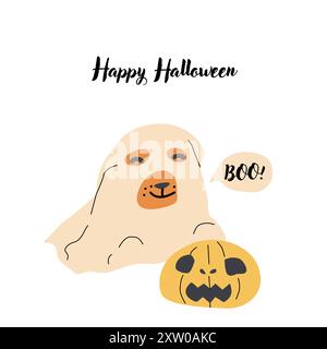 Childrens Halloween Holiday greeting card or invitation. Square template. Happy Halloween celebration design with cute dog in ghost suit. Trick or tre Stock Vector