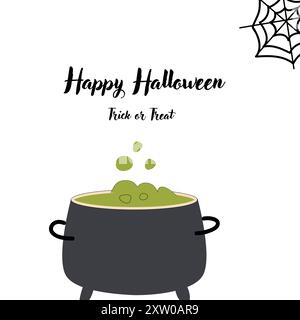 Childrens Halloween Holiday greeting card or invitation. Square template. Happy Halloween celebration design with pot. Trick or treat party template. Stock Vector
