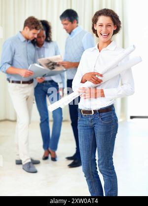 Blueprints, laughing and portrait of architect woman in office for company or project management. Floor plan, funny and smile with confident or happy Stock Photo