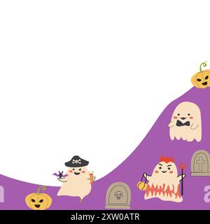 Cute childrens halloween background with funny characters. Pumkins and ghosts, skulls, fall leaves, speech bubbles. Stock Vector