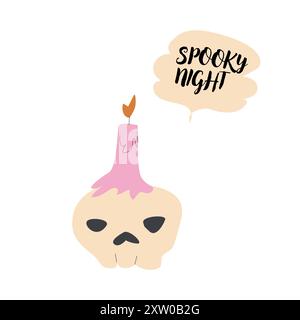 Cute halloweens skull with pink candle and speech bubble - spooky night. Stock Vector