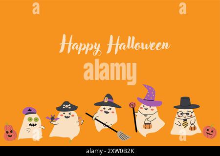 Cute Halloween ghosts party celebration card design. Funny spooky characters in witch, sorcerer, pirate, zombie costumes. Childish greeting card for H Stock Vector