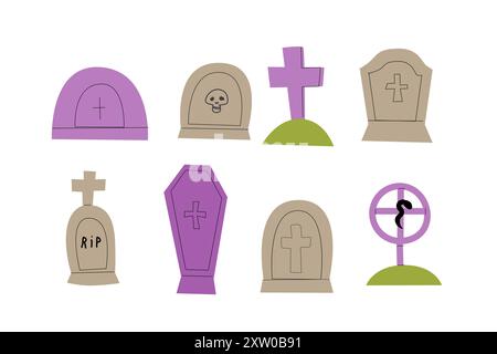 Tombstone flat vector illustrations. Rip grave vector icons set. Cartoon stickers for halloween holiday, party element. Stock Vector