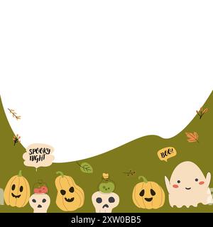 Cute childrens halloween background with funny characters. Pumkins and ghosts, skulls, fall leaves, speech bubbles. Stock Vector