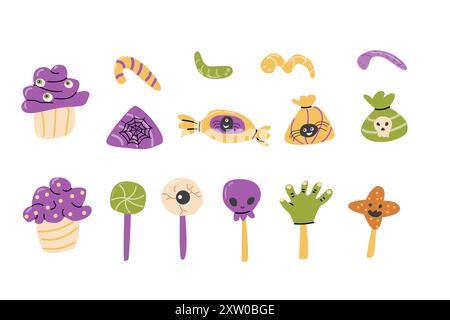 Childrens halloween sweets set. Spooky candy. lollipop, cupcakes and worms jelly. Decorative Halloween elements for kids party. Stock Vector