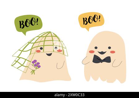 Cute halloweens ghosts set. Collection of cute spooky characters. Halloween day stickers. Childrens ghosts with funny faces in costumes Stock Vector