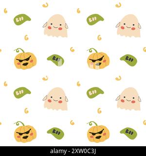 Childrens halloween pattern with cute characters. Pumkins and ghosts, boo. Cute childish seamless pattern. Stock Vector