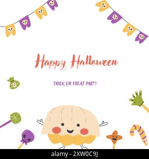 Childrens Halloween party cute card template. Cartoon characters pumkins in halloween holiday costume and spooky sweets. Cute monsters for autumn fall Stock Vector