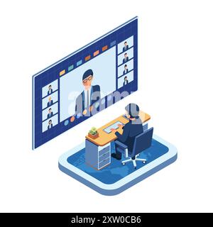 Isometric Remote Business Meeting with Team. Remote Work and Teleconference Concept. Stock Vector