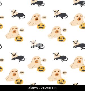 Childrens halloween pattern with cute characters. Pumkins, pet animals in halloween costumes. Cute childish seamless pattern. Stock Vector
