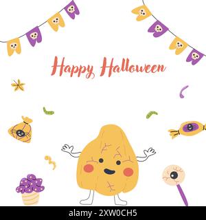 Childrens Halloween party cute card template. Cartoon characters pumkins in halloween holiday costume and spooky sweets. Cute monsters for autumn fall Stock Vector