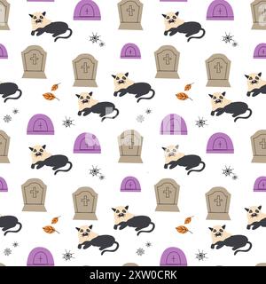 Childrens halloween pattern with cute characters. Grave and black cat in halloween costume. Cute childish seamless pattern. Stock Vector