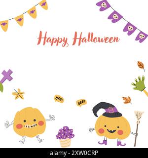 Childrens Halloween party cute card template. Cartoon characters pumkins in halloween holiday costume and spooky sweets. Cute monsters for autumn fall Stock Vector