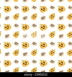 Childrens halloween pattern with cute characters. Pumkins with speech bubble. Cute childish seamless pattern. Stock Vector