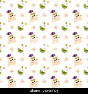 Childrens halloween pattern with cute character. , Ghost in halloween costume, skull and magic pot. Cute childish seamless pattern. Stock Vector