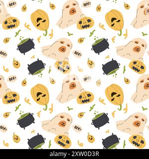 Childrens halloween pattern with cute characters. Pumkins and pet- dog in halloween costume. Cute childish seamless pattern. Stock Vector