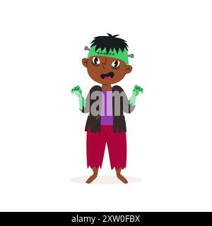 Funny boy in halloween frankenstein costume. Baby boy dressed as a zombie. Vector illustration. Happy and cute carnival child. Stock Vector