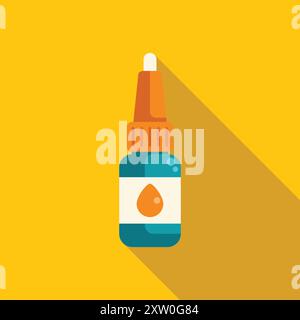 Small blue dropper bottle containing orange liquid for medical use is standing on a yellow background Stock Vector