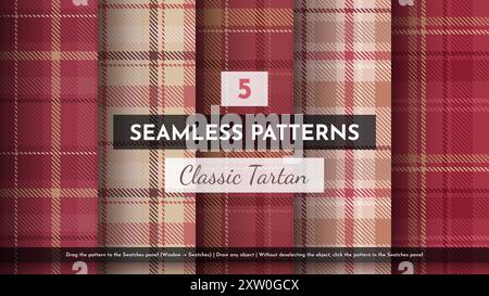 5 Seamless Classic Tartan Pattern. Traditional Scottish Texture. Fashionable Fabric. Textile Background. Merry Christmas Stock Vector