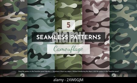 5 Seamless Camouflage Patterns. War Illustration. Traditional Military Texture. Army Background Stock Vector