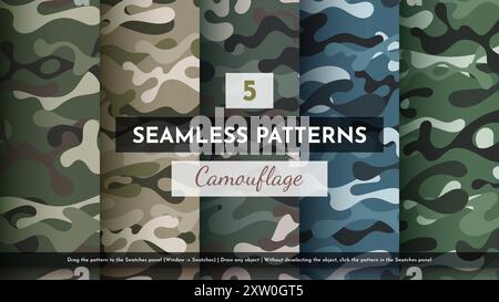 5 Seamless Camouflage Patterns. War Illustration. Traditional Military Texture. Army Background Stock Vector