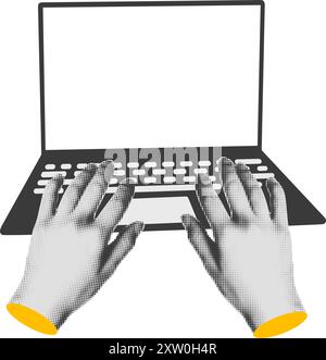 Halftone hands using laptop computer collage vector illustration Stock Vector