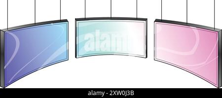 Three digital signage displays are hanging and showing colorful content Stock Vector