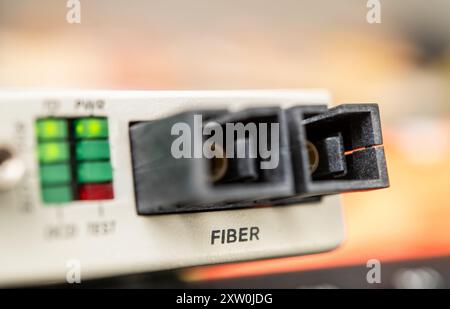 Detailed view of fiber optic ports with green and red signal indicators, showcasing modern connectivity technology used in telecommunications and data Stock Photo