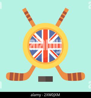 Universal symbol for international hockey tournament (championship, cup) in United Kingdom. Emblem contains British flag and crossed hockey sticks. Stock Vector
