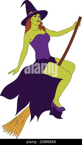 Halloween Witch sitting on a broom vector illustration Stock Vector