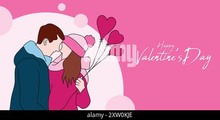 Happy Valentine's Day Poster with couple flat illustration, Banner, Vector design Stock Vector