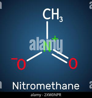 Nitromethane molecule. Structural chemical formula, dark blue background Stock Vector
