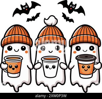 cute ghost with hat and coffee cup cartoon vector illustration Stock Vector