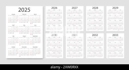 2025, 2026, 2027, 2028 and 2029 years english simple vector calendars ...