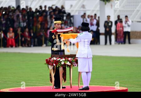 Jakarta, Indonesia. 17th Aug, 2024. Indonesian President Joko Widodo attends a flag raising ceremony during Independence Day celebration in Nusantara, Indonesia, Aug. 17, 2024. Indonesia celebrated its 79th Independence Day on Saturday. Credit: Zulkarnain/Xinhua/Alamy Live News Stock Photo