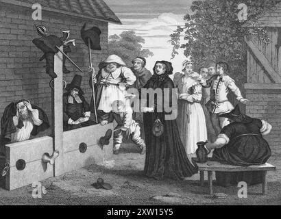 Engraving after William Hogarth (1697 - 1764)  from his series, 'Hudibras', a poem by Samuel Bulter (1613?1680), satirising the Cromwellians and Presbyterian Church. Plate VI: 'Hudibras and Ralpho in the Stocks'. Stock Photo