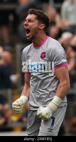 Carlisle United Goalkeeper Harry Lewis celebrates their opening goal during the Sky Bet League 2 match between Carlisle United and Barrow at Brunton Park, Carlisle on Saturday 17th August 2024. (Photo: Michael Driver | MI News) Credit: MI News & Sport /Alamy Live News Stock Photo