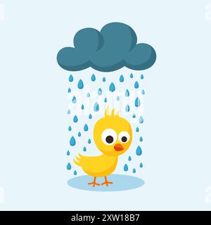 Sad yellow chick in the rain in flat design style. Illustration for Friday the 13th or bad day. Stock Vector