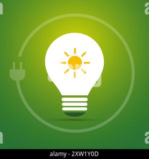 Sustainable Resources, Renewable, Reusable Alternative Green Solar Energy Concept with Bright Glowing Light Bulb,Sun Symbol Inside, Power Cord with Pl Stock Vector