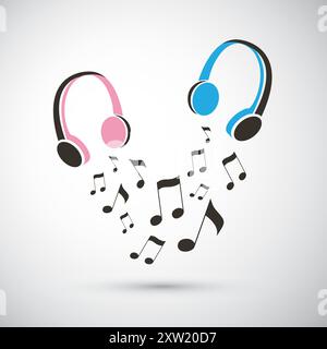 Musical Notes Flying from a Pair of Headphones - Let's Listen to Music Together - Design Concept Illustration, Template in Freely Editable Vector Form Stock Vector
