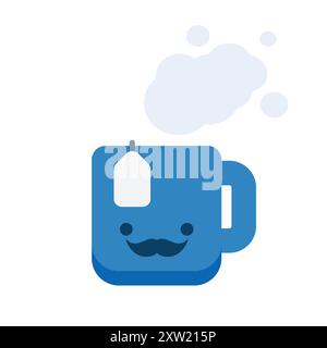 Blue Mug with Tea Filter Bag - Icon, Object Silhouette, Flat Vector Design Element with Smiling Face and Mustache - Isolated on White Stock Vector