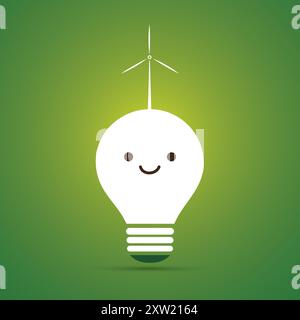 White Smiling Light Bulb on Green Background - Emoji Lightbulb with Funny Face, Emotion - Creative Concept of Idea, Green Renewable Energy, Eco Soluti Stock Vector
