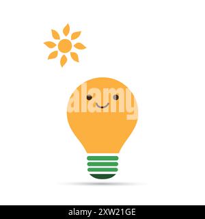 Orange Light Bulb and Sun Isolated on White Background - Emoji Lightbulb with Funny Face, Emotion - Creative Concept of Idea, Green Renewable Energy, Stock Vector