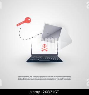 Hacked Laptop and Envelope with Skull and Crossbones Sign on the Screen - Virus, Malware, Ransomware, Fraud, Spam, Phishing, Email Scam, Hacker Attack Stock Vector