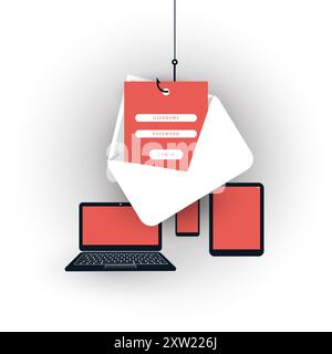 Internet Phishing, Account Hacking Attempt by Malicious Email - Hacker Activity, Data Theft, Hacked, Stolen Login Credentials and Password, Cyber Crim Stock Vector
